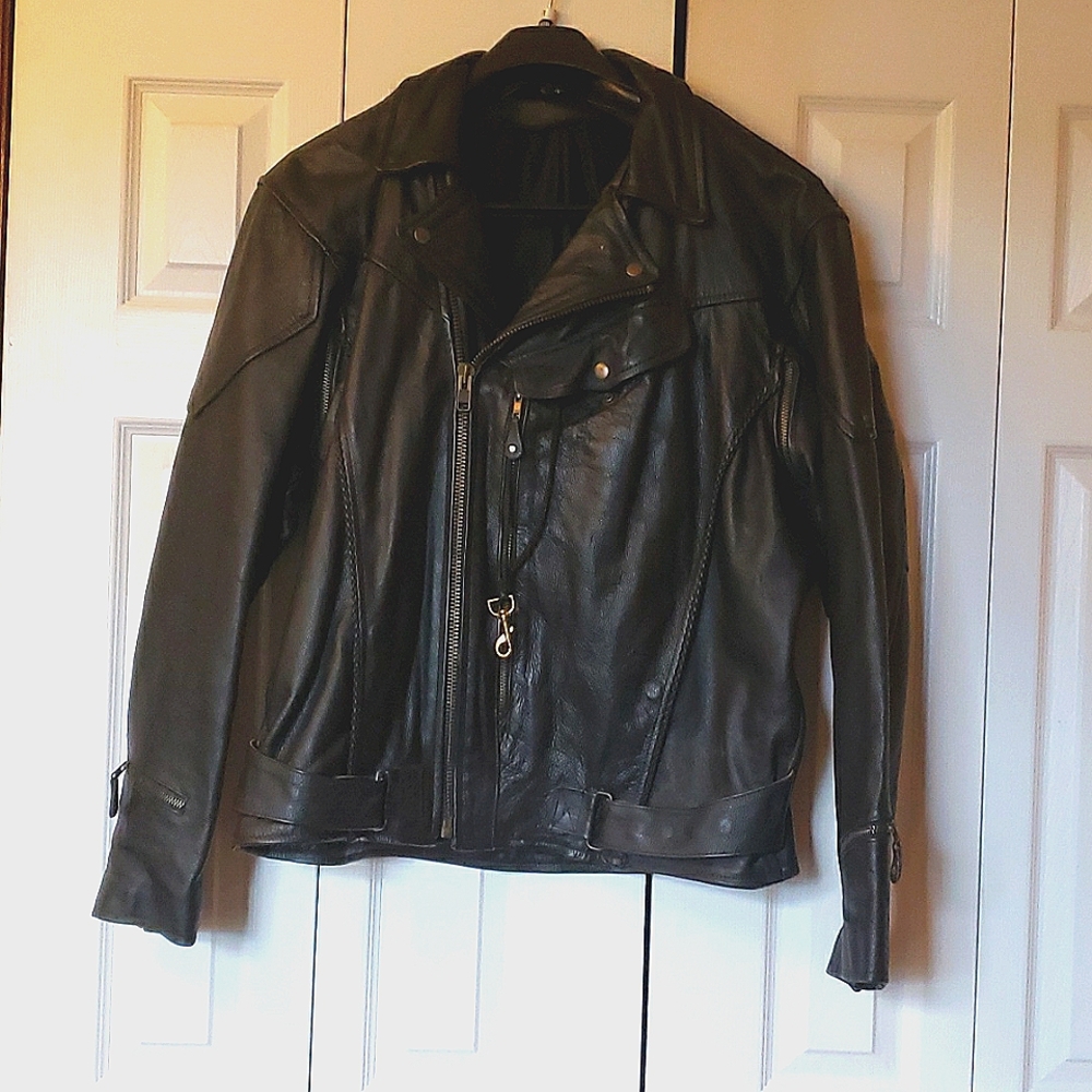 Men's Black Biker Leather Jacket. Size 48